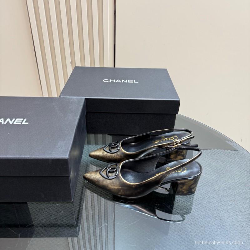 2025 Women Chanel Gold Black Leather Slingback Heel