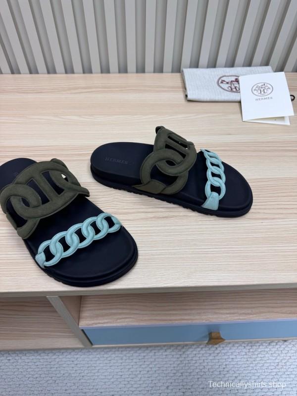 2025 Women Hermès Black Light Blue Leather Slippers