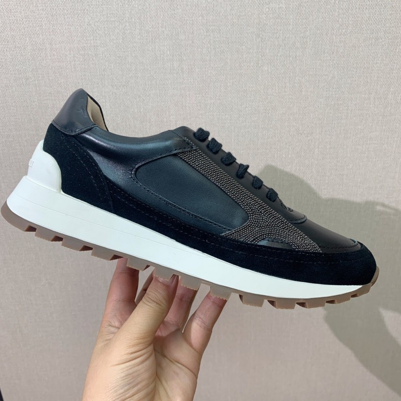 2025 Unisex Brunello Cucinelli Black Brown Leather Suede Sneakers LY