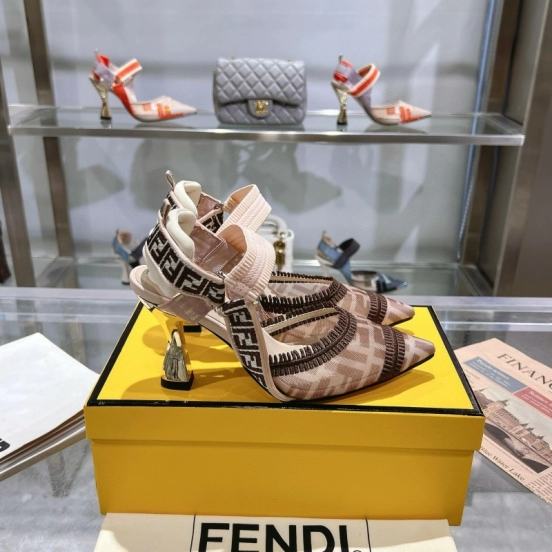 2025 Women Fendi Beige Brown Fabric Leather High Heels MJ00280