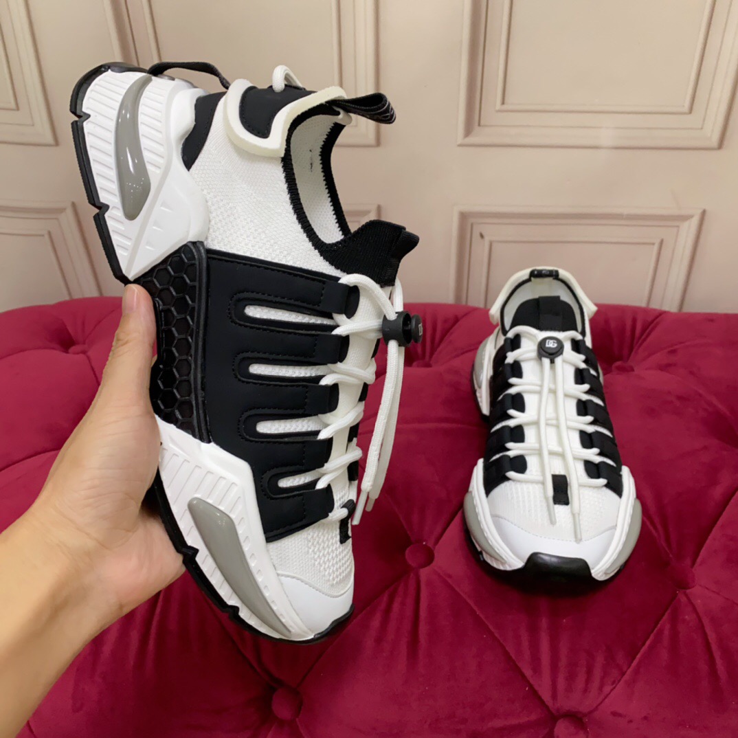 2025 Unisex Dolce & Gabbana Black White Mesh Leather Sneakers LY00340