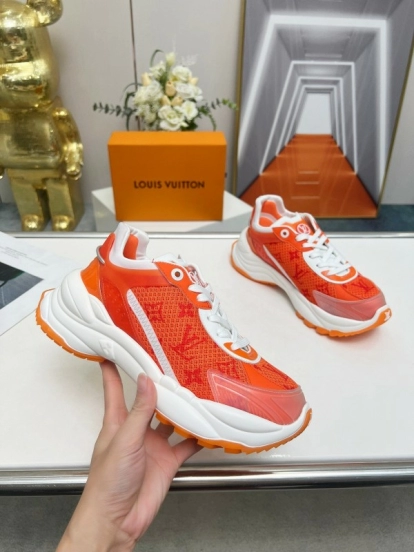 2025 Unisex Louis Vuitton Orange White Mesh Leather Sneakers LY00340(F)/LY00341(M)