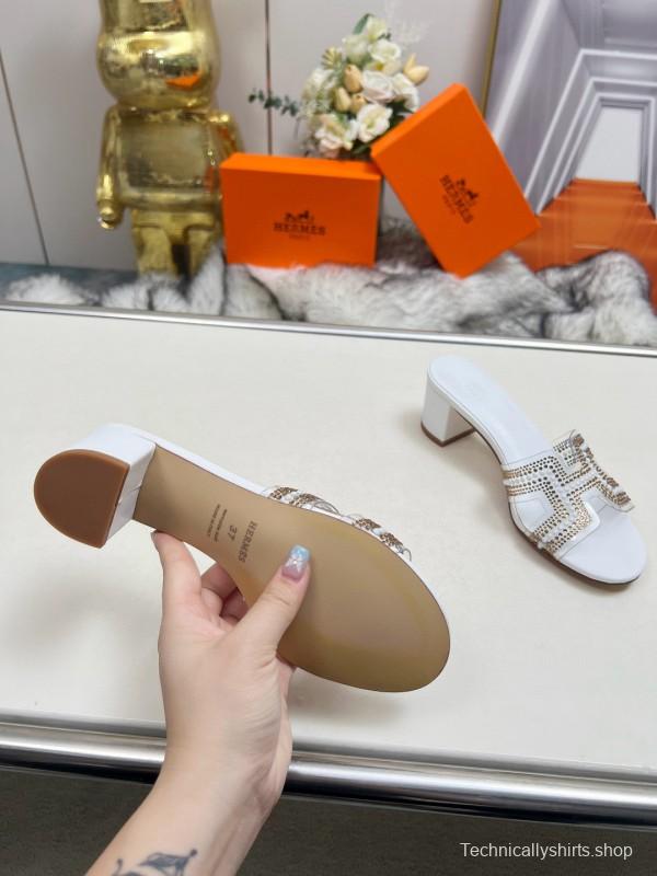 2025 Herme* White Leather Slippers Classic H Pattern MJ00180/215