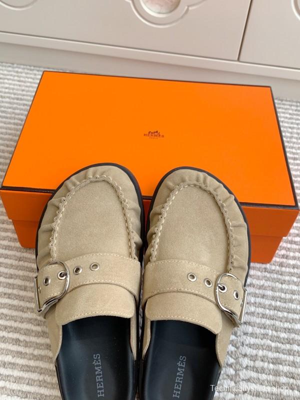 2025 Women Hermès Beige Suede Mule Loafers KFY00290