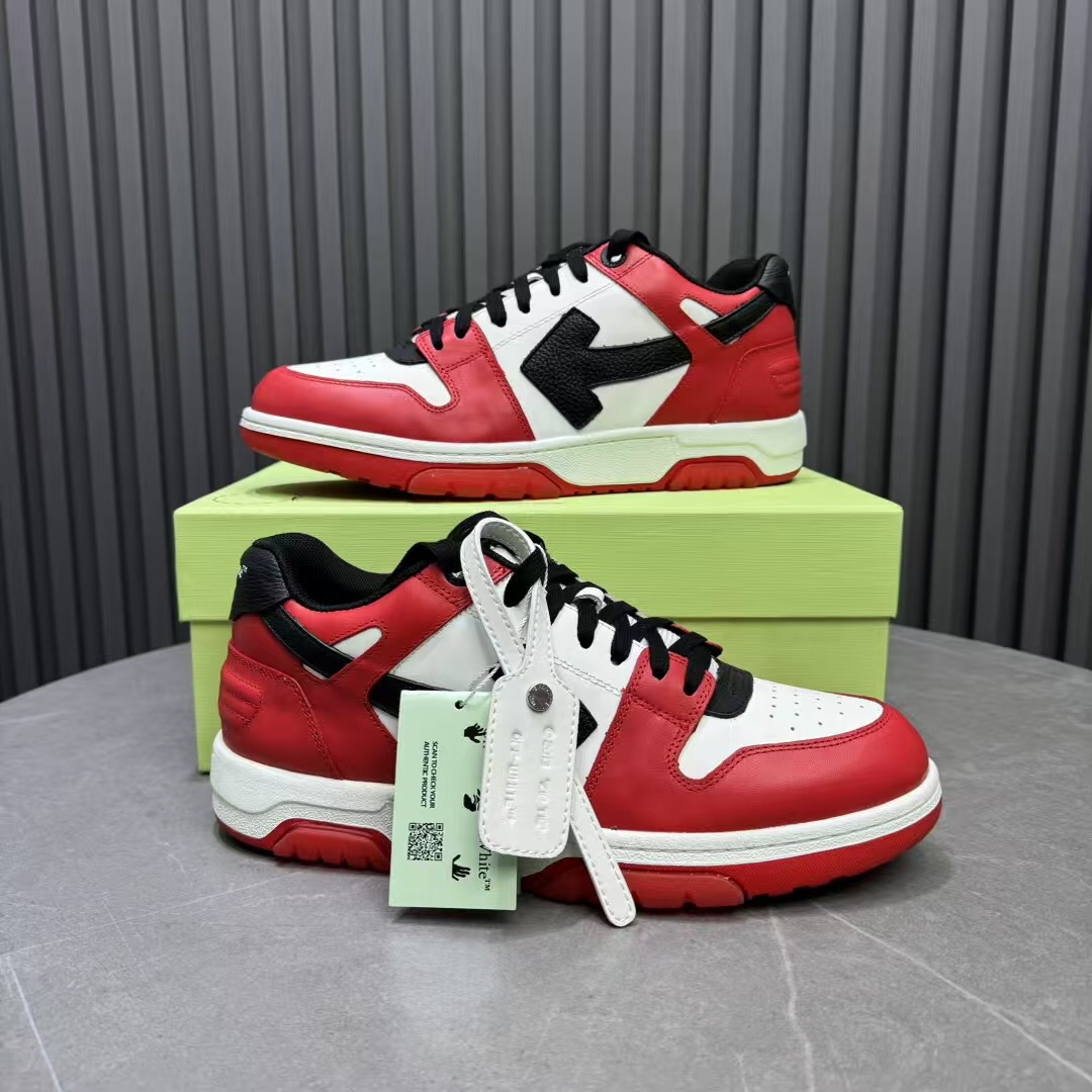 2025 Unisex Off-White Red White Black Leather Sneakers KFY00320