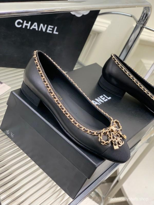 2025 Women Chanel Black Gold Leather Ballet Flats