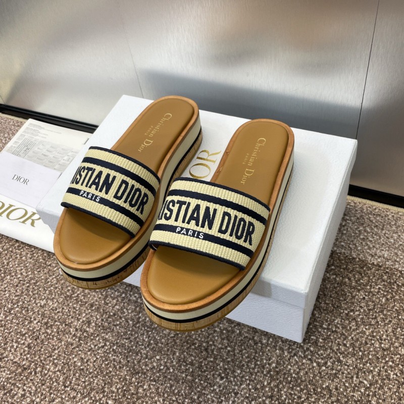 2025 Slippers Dior Beige Navy Canvas Leather Platform CHRISTIAN DIOR CD004