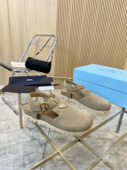 2025 Women Prada Beige Suede Sandals