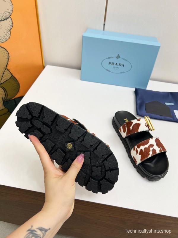 2025 Slippers Prada Brown White Leather Cow Print LY00260