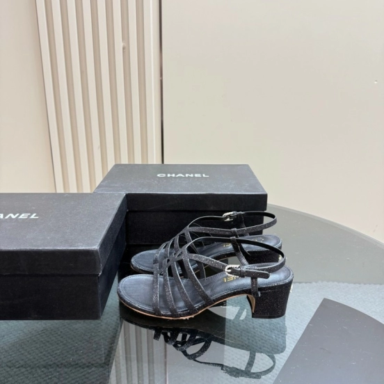2025 Women Chanel Black Leather Sandals KFY00290