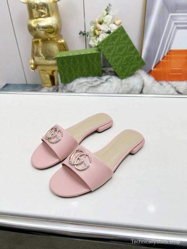 2025 Women Gucci Pink Leather Slippers GG Buckle MJ00190