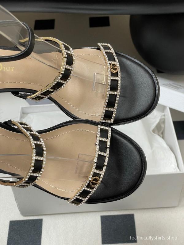 2025 Women Dior Black Leather Crystal Embellished High Heel Sandals