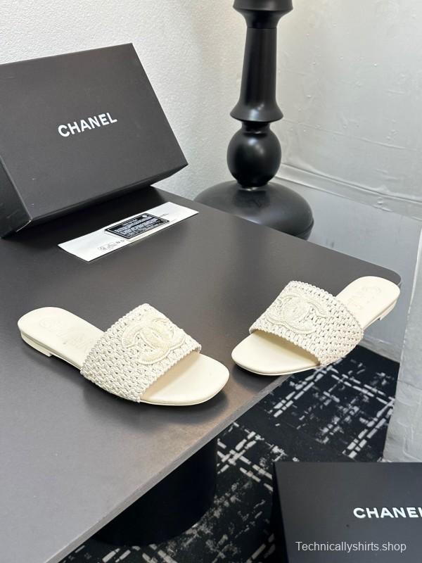 2025 CHANEL White Knit Leather Slippers LY00250