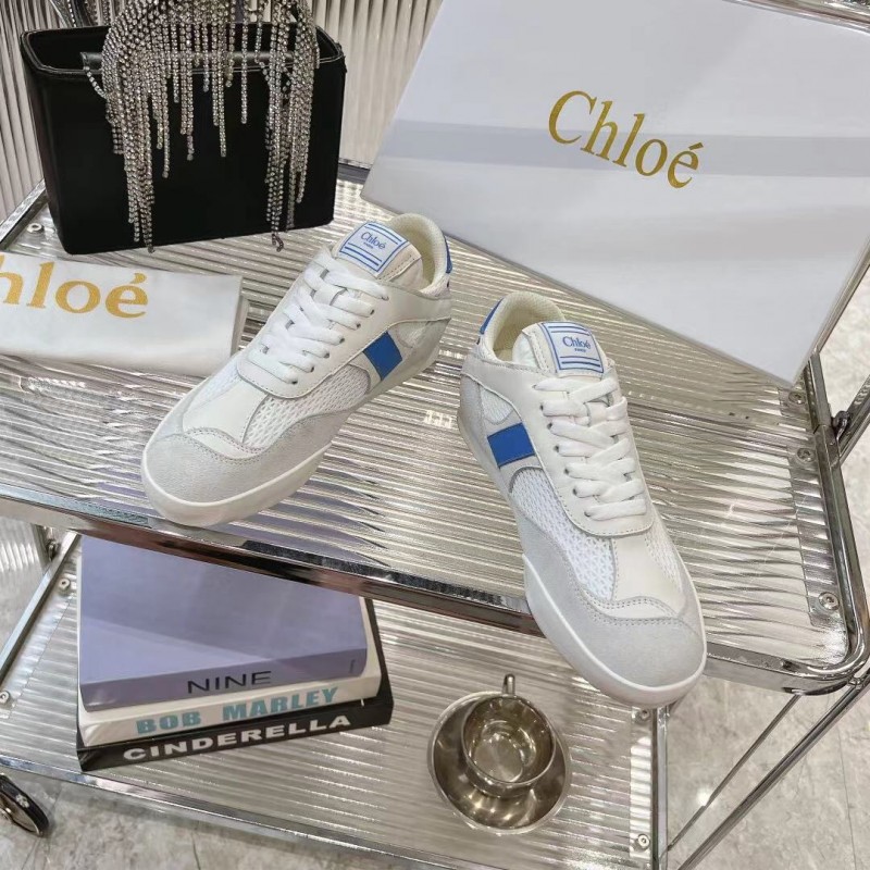 2025 Women Chloé White Blue Mesh Leather Casual Sneakers LY00280