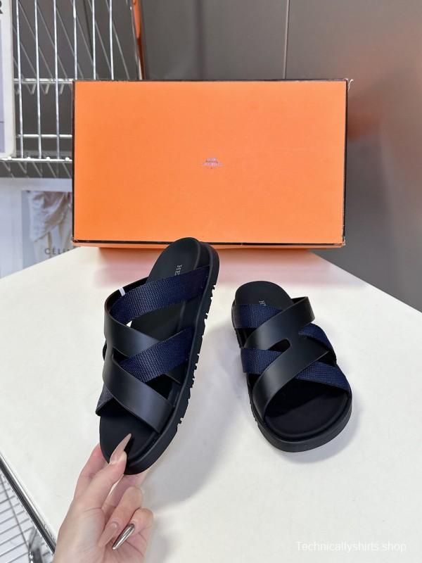 2025 Unisex Hermès Black Leather Fabric Slippers