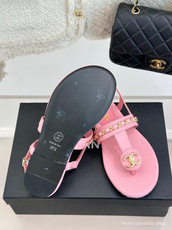 2025 Women Chanel Pink Lambskin Sandals CC Logo KFY00250