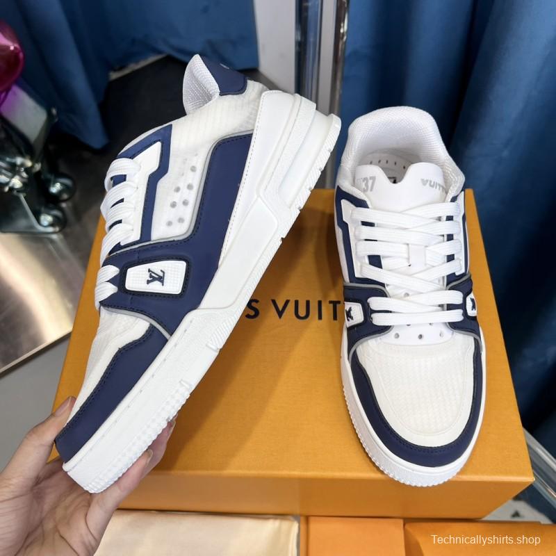 2025 Unisex Louis Vuitton White Navy Leather Sneakers