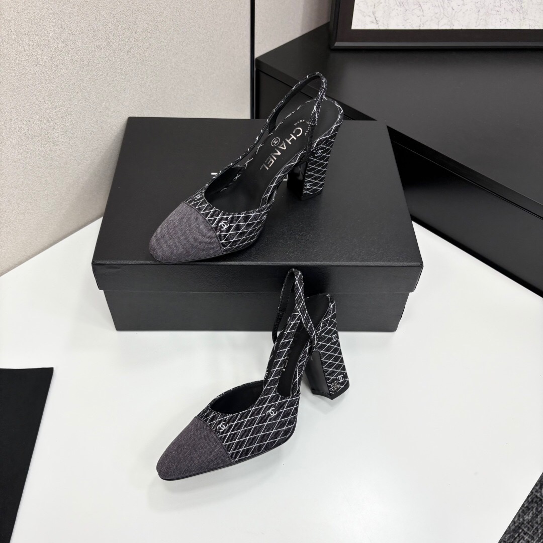 2025 Women Chanel Black Grey Fabric Slingback Heels LY00270