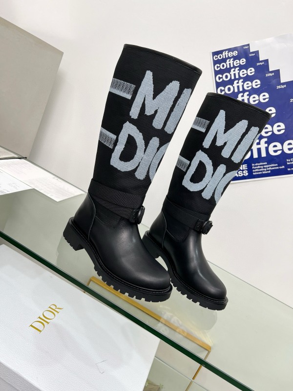 2024 Women Dior black leather knit fabric boots MJ00350