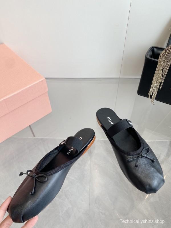 2025 Women Miu Miu Black Leather Ballet Flat Elastic Band