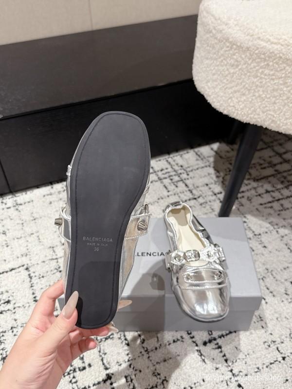 2025 Women BALENCIAGA Silver Leather Ballet Flats Metal Buckle KFY00300