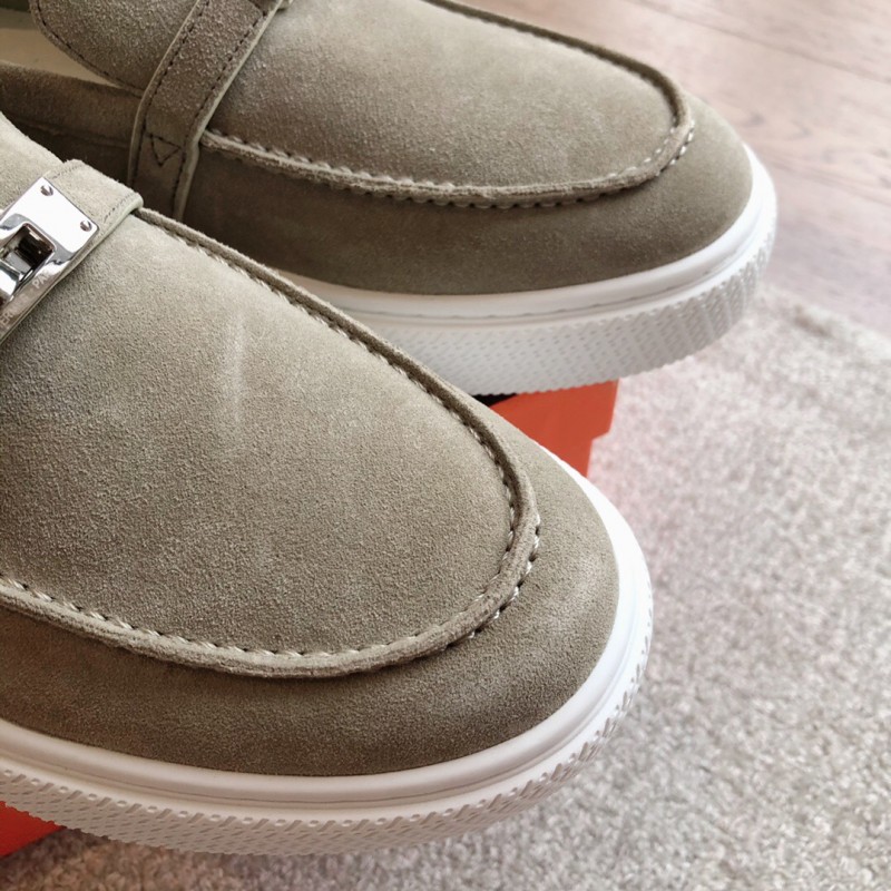 2025 Unisex Hermès Khaki Suede Leather Loafers AS00380