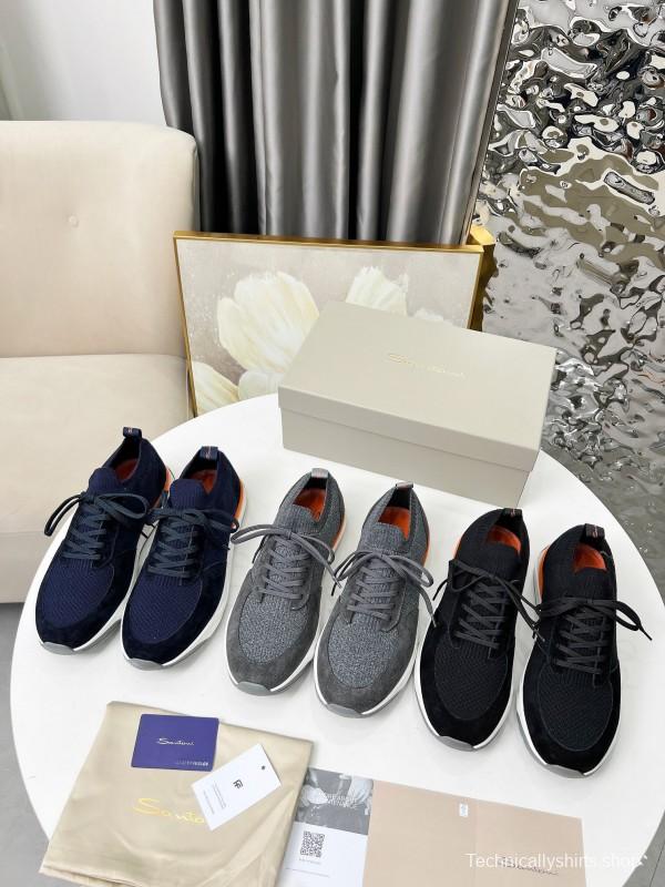 2025 Unisex Santoni Navy Orange Wool Knit Leather Sneakers AS00320