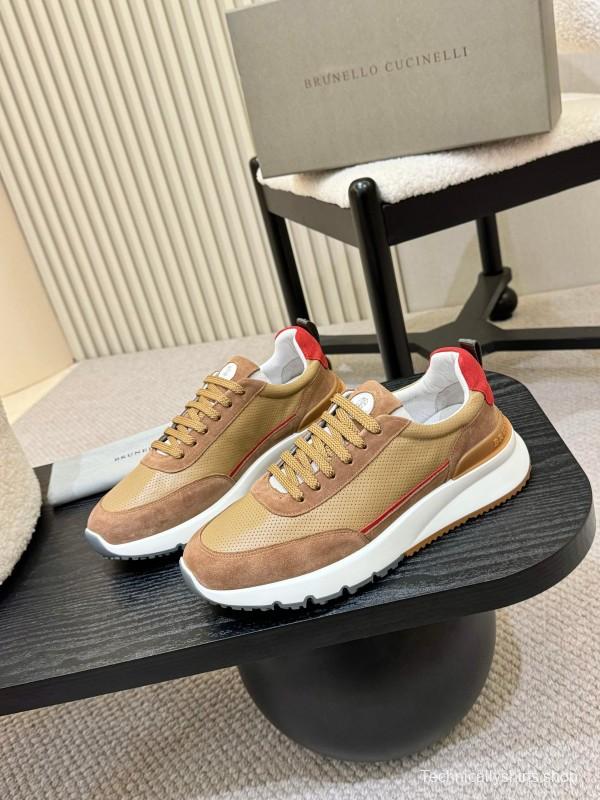2025 Unisex Brunello Cucinelli Beige Brown Red Calfskin Mesh Sneakers AS00320