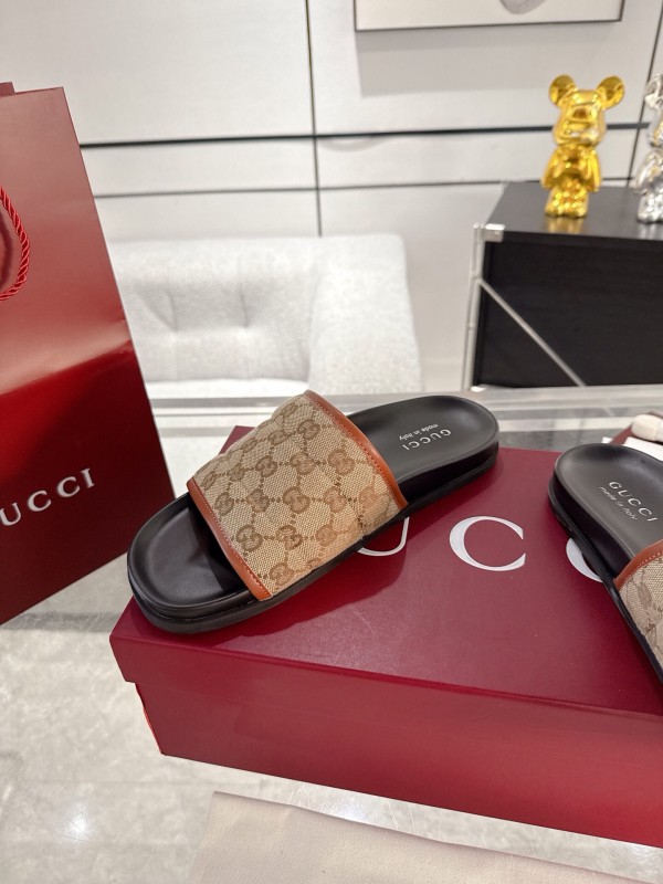 2025 Unisex Gucci Beige Brown Canvas Leather Slippers GG Embossed AS00240