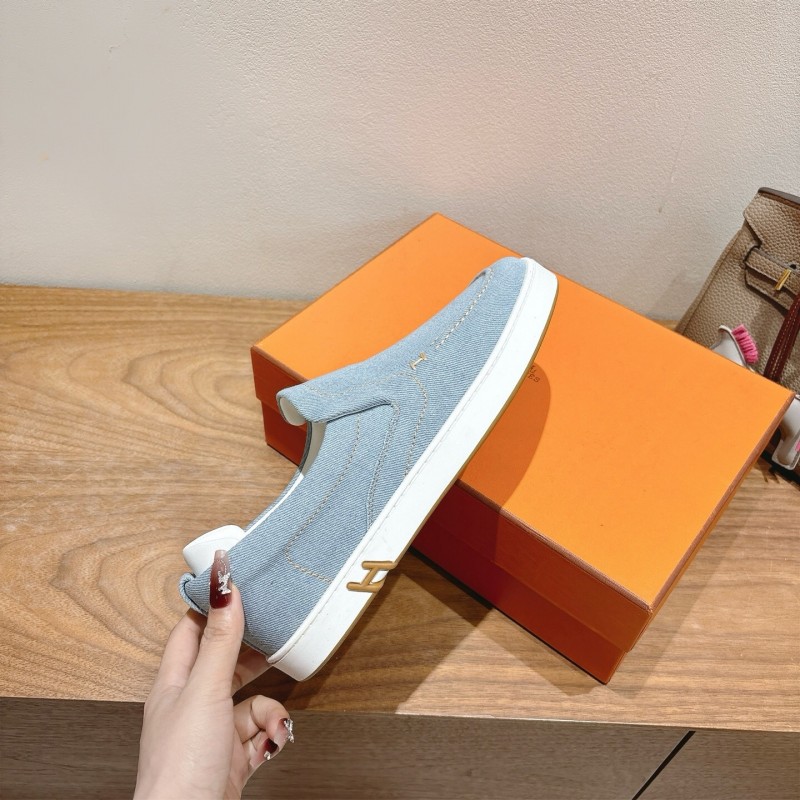 2025 Unisex Hermès Light Blue Canvas Leather Loafers AS00380