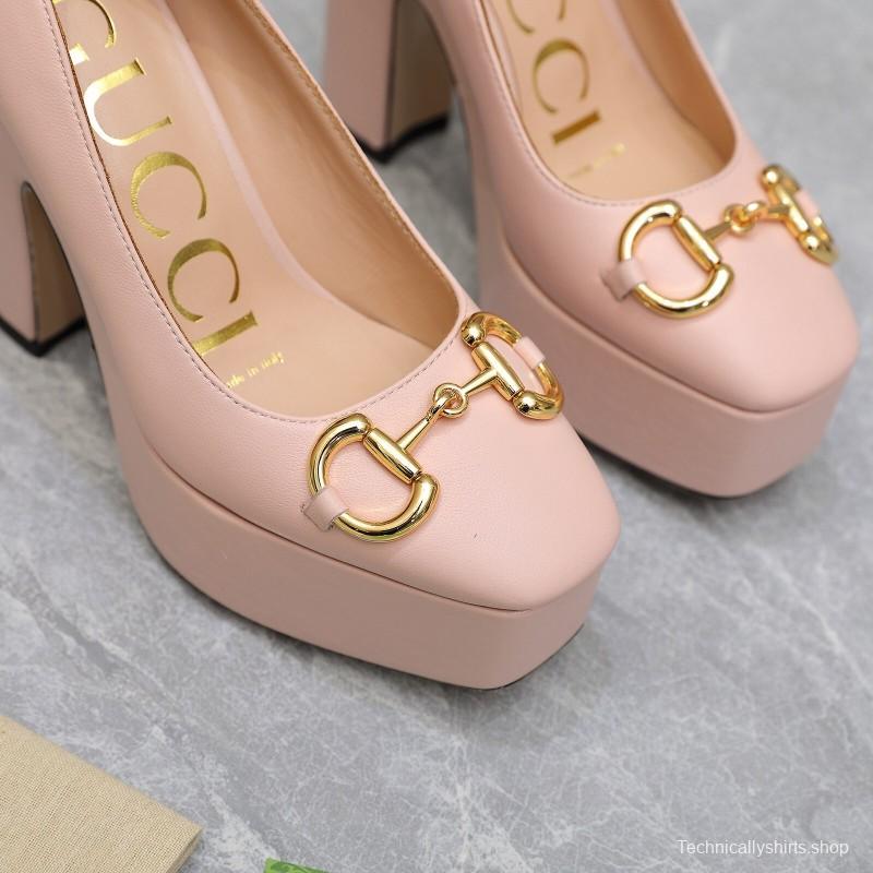 2025 Women Gucci Pink Leather Platform Pumps KFY00320