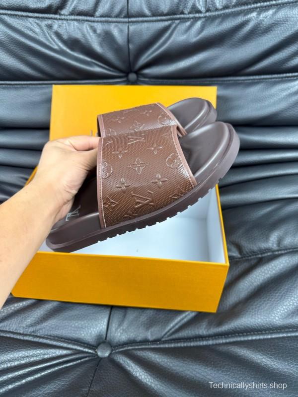 2025 Men Louis Vuitton Brown Leather Slippers AS00170