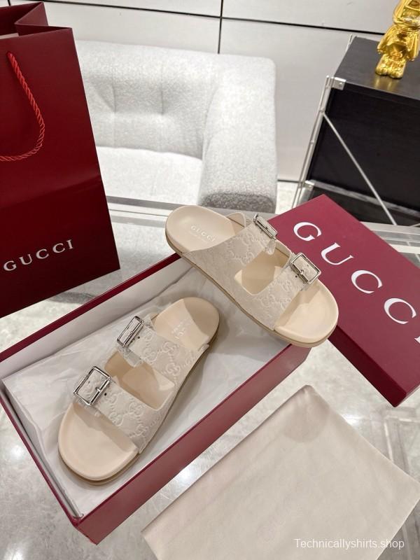 2025 Women Gucci White Leather Slippers Double G Embossed AS00240