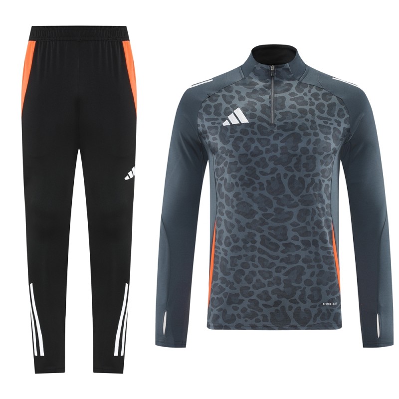 2025 Adidas Dark Grey & Black with Leopard Print Pattern and Orange Accents Half Zipper Jacket +Long Pants