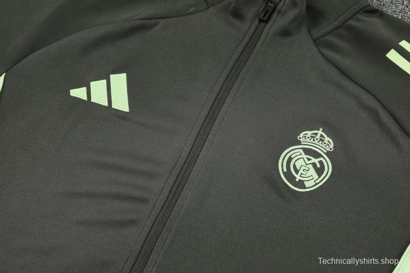 25/26 Real Madrid Dark Grey with Neon Green Stripes Half Zipper Jacket Tracksuit +Long Pants