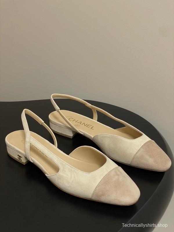 Chanel Sling-back Two-Tone Suede Slingback Sandals Flat/Block Heel - KFY00280