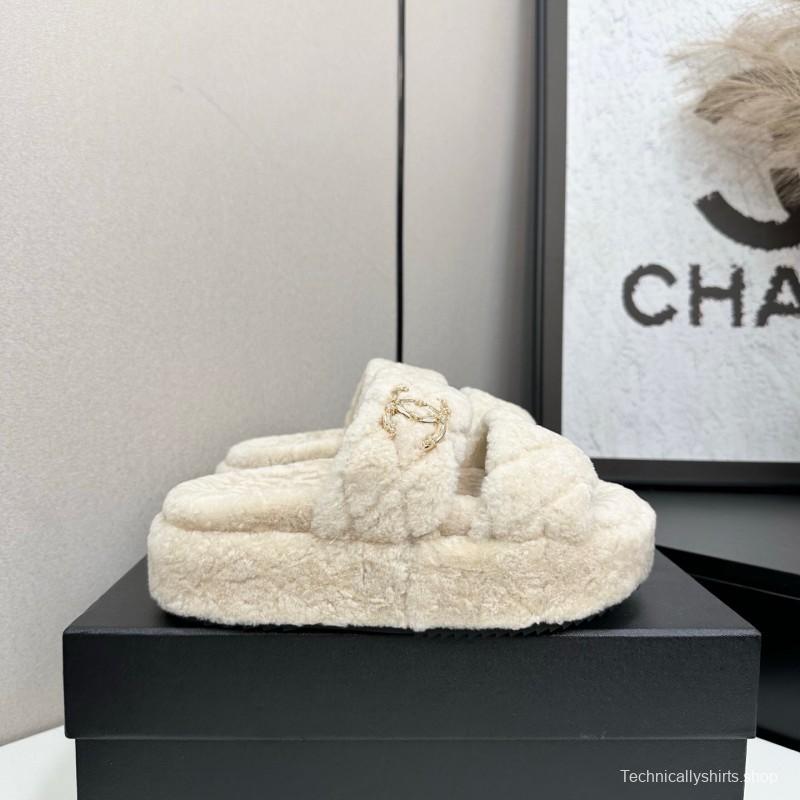 Chanel 2025 SS New Autumn Winter Lazy Sheep Genuine Wool Lazy Slippers Chanel Quilted Thick Sole Fur Slides - LY00300