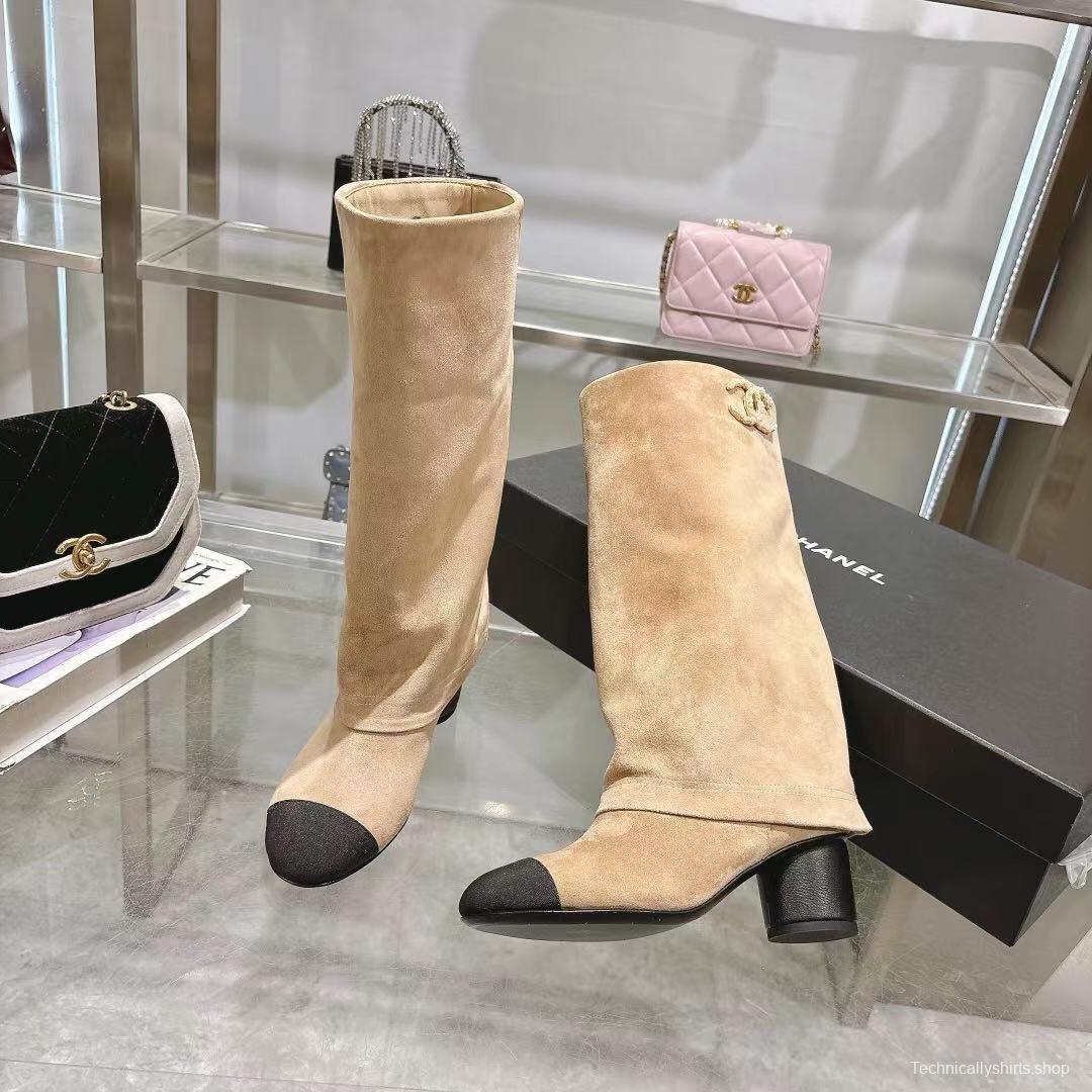 Chanel 2025/SS Small Fragrance Autumn Winter Runway Turned-Cuff Block Heel Straight Tube Boots Classic Color Block - LY00510