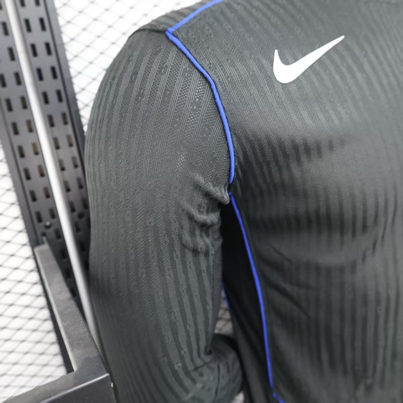 25/26 Player Version  Chelsea Away Dark Gray with Vertical Stripe Texture and Blue Piping Jersey