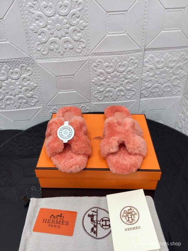 H Teddy Wool H Slippers Flat Sole Winter Home Shoes - LY00240