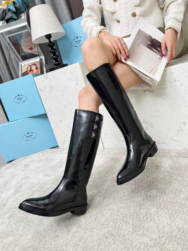 Prada Classic Triangle Logo Pointed Toe Boots - LY00400