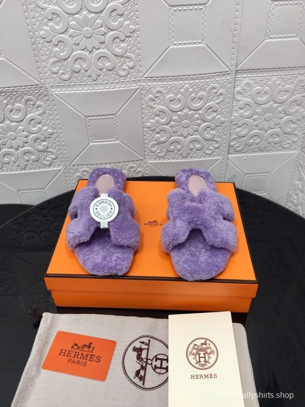 H Eiderdown Teddy Wool H Slippers Flat Sole Fur Slides - LY00240