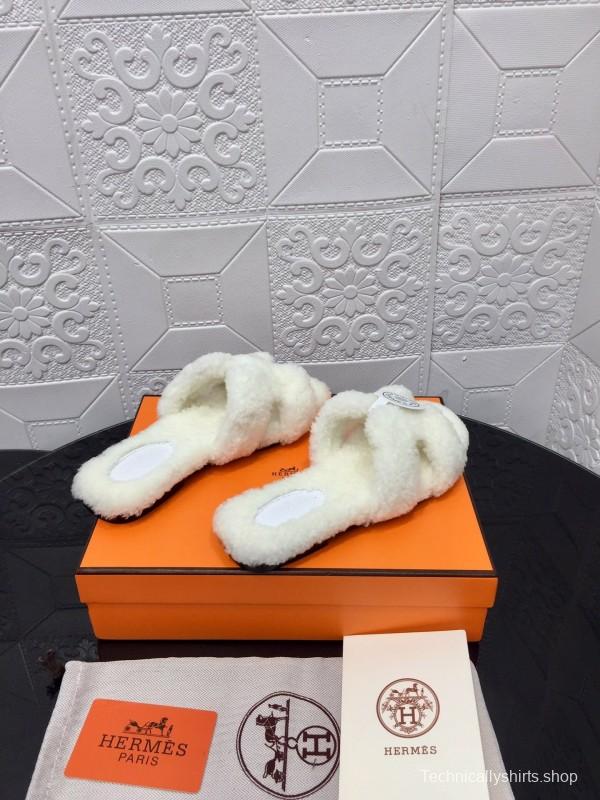 H Teddy Wool H Slippers Flat Sole Fur Slides - LY00240