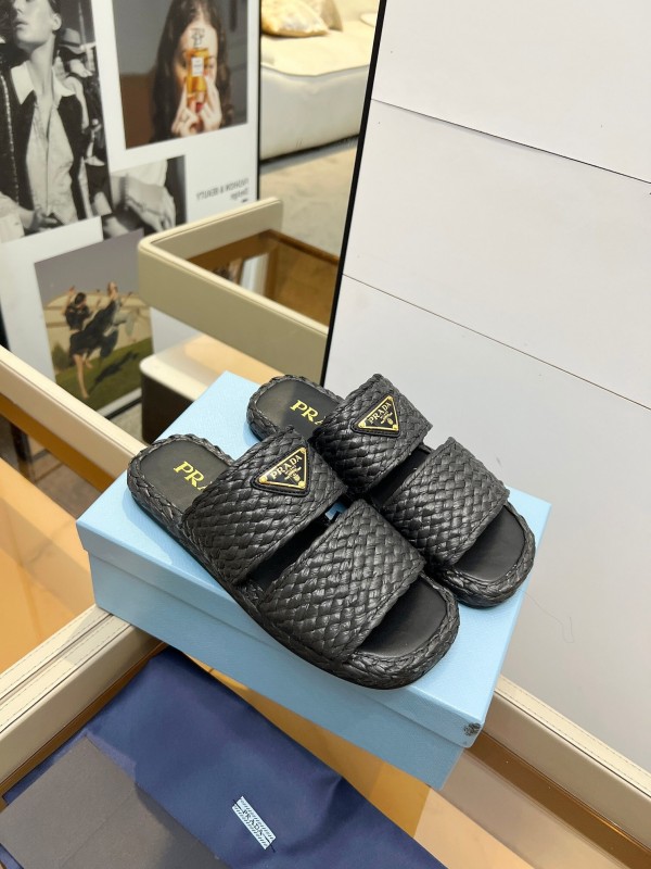 Prada 2025 SS Raffia Handwoven Open-Toe Sandals - KFY00260