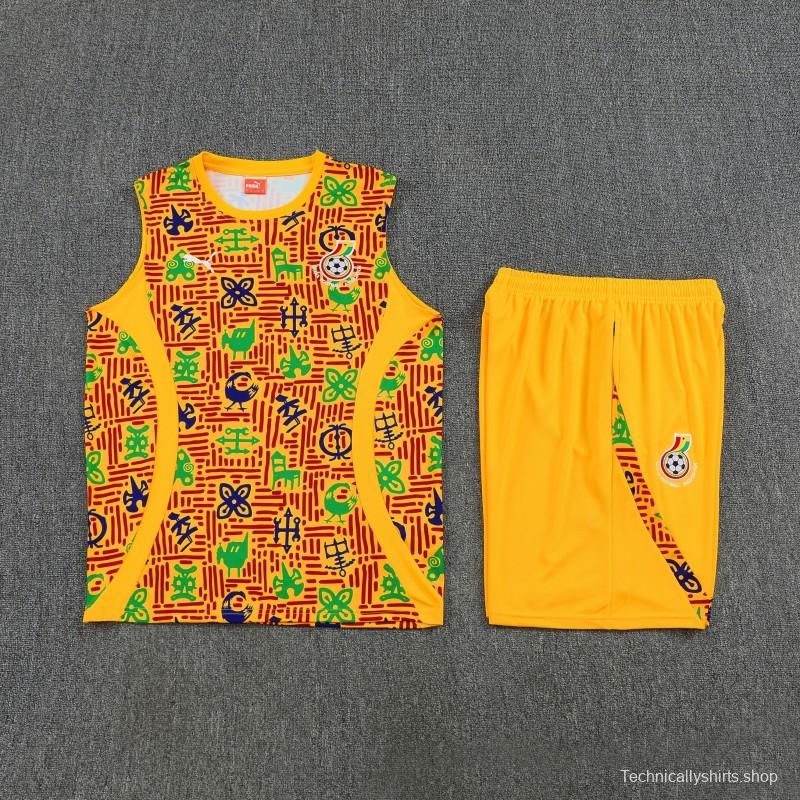 25/26 Ghana Yellow Adinkra Symbol Print Sleeveless Training Suit + Shorts