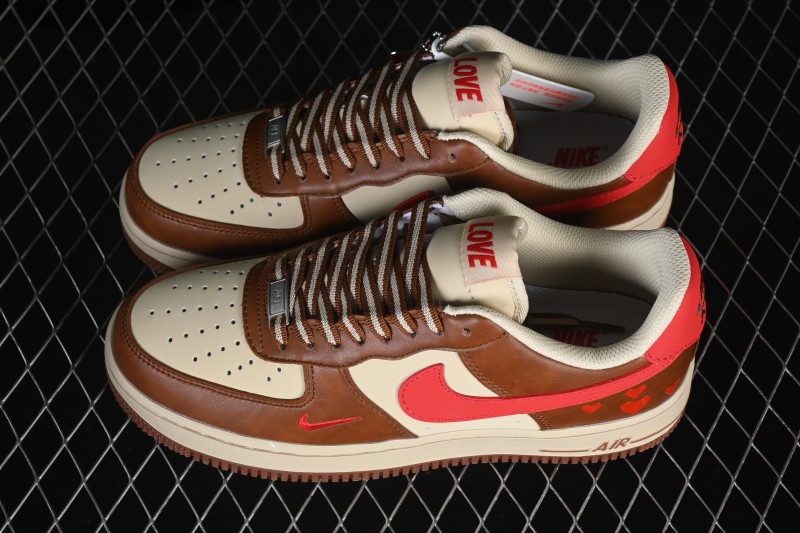 Nike Air Force 1 '07 Low Valentine's Day Limited Edition Brown Red Heart Print Low-Top Casual Skateboard Shoes - NH0601-538