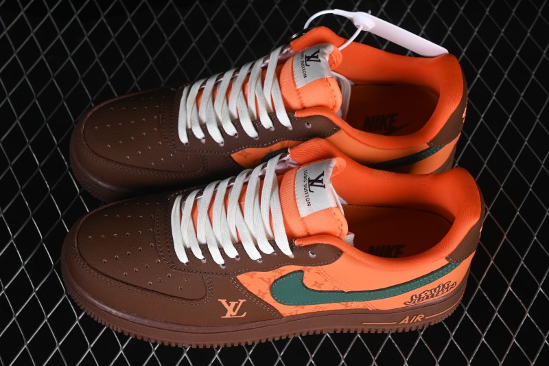 Nike Air Force 1 '07 Low Collaboration Sneakers in Orange Brown and Sage Green Casual Court Shoes - DF0188-126