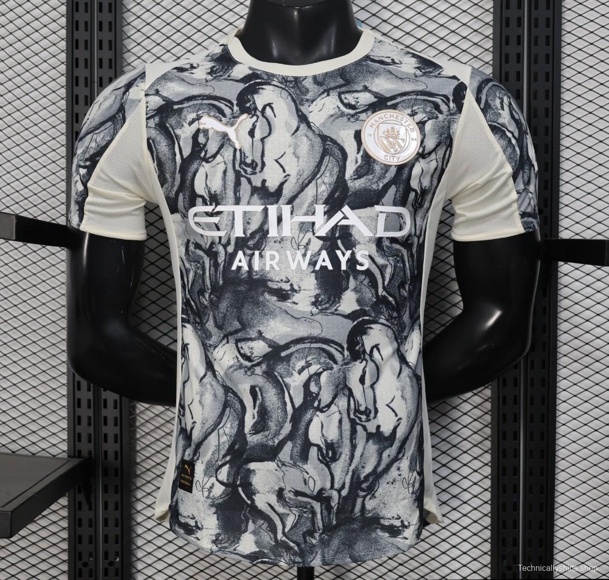 25/26 Player Version Manchester City White with Black Marble Abstract Art Pattern Jersey