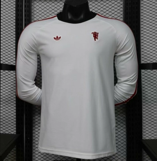 Player Version 2026 Manchester United Away White with  Red Shoulder Stripe Long Sleeve Jersey